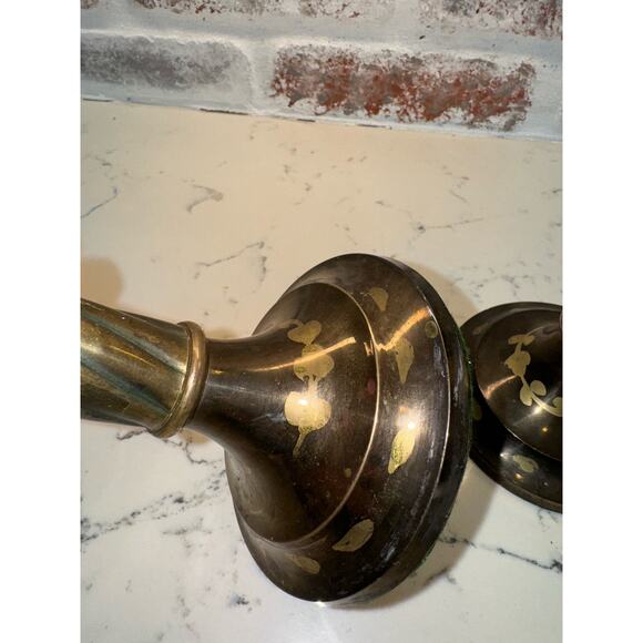 Bronze Look Pair of Candlesticks with Brass floral Bases 9” Tall - Picture 9 of 10